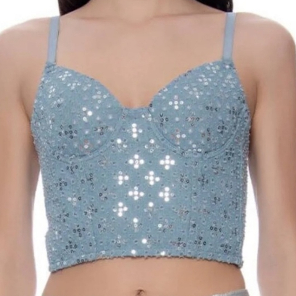 NWT Gracia Sequin Denim Bustier Crop Top Light Blue Corset Tank sz M
